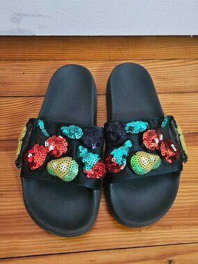 NWOT Zara Multi Fruit Beaded Slide Sandals in Red, Green & Yellow Size 40